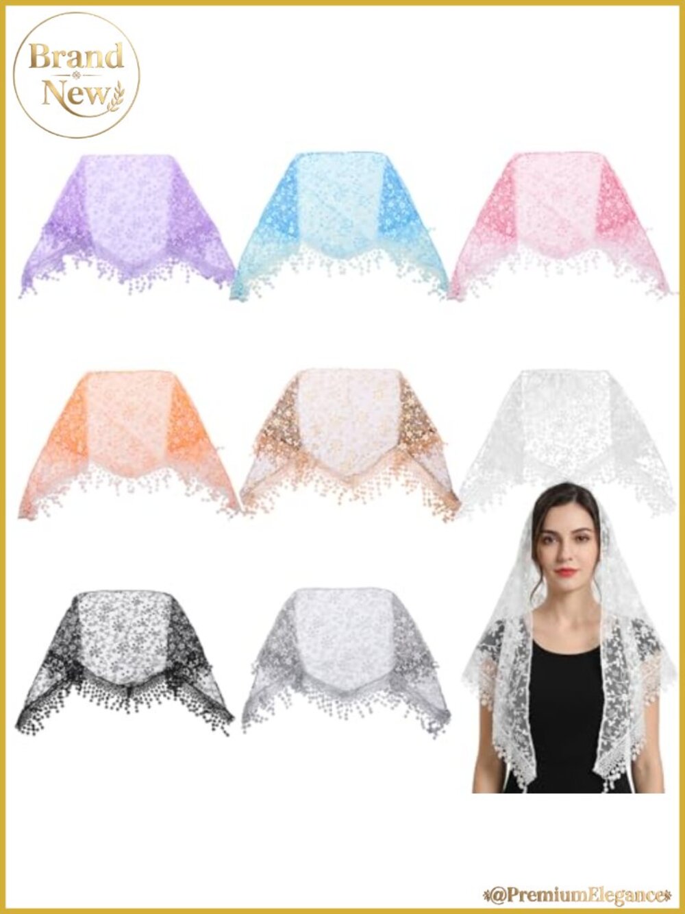 8 Pack Triangle Lace Veils for Church Women Catholic Mantilla Floral Tassel